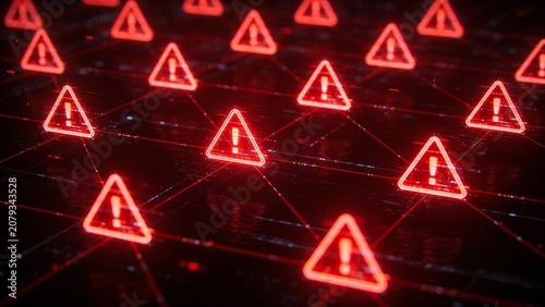 Digital Cyber Security Threat Network with Glowing Red Warning Exclamation Triangle Symbols Representing System Breach and Data Risk