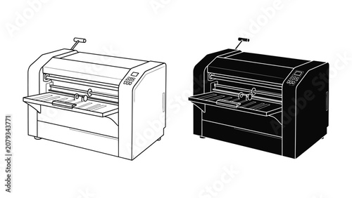 Foto Offset Printing Machine: Two detailed line-art illustrations of an offset printing machine, one in black and white and the other in black, showcase the mechanics of modern printing technology
