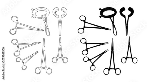 Foto Surgical Instruments Collection: A compilation of various surgical instruments, including forceps and clamps, displayed in both line art and silhouette forms, symbolizing precision and medical care