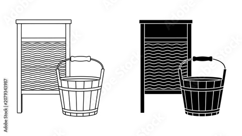 Canvastavla Vintage Laundry Set: A classic washboard and bucket in both line art and silhouette, representing traditional household chores and a bygone era