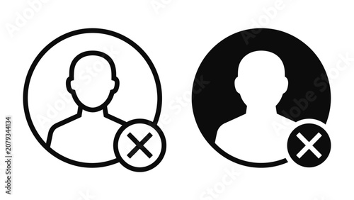 Obraz na plátně User Icon with Cross: Two profile icons, one outlined and one filled, both featuring a silhouette of a person with a red 'X' mark, indicating exclusion or removal