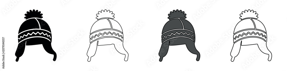 Fototapeta premium Winter hat with ear flaps and pompom in four distinct icon styles
