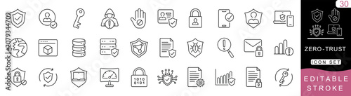 Zero Trust Security Line Icon Set – Editable Stroke Vector Outline Icons for Cybersecurity, Identity Verification, Multi Factor Authentication, Network Protection, Access Control 