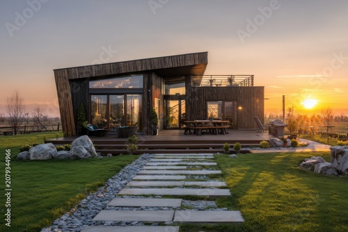 Modern house stands on a green lawn with a pathway leading to it while the sun sets in the background creating a warm glow during evening time