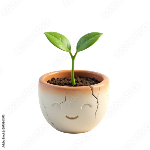 Small green seedling growing in a cute cracked smiley face ceramic pot.