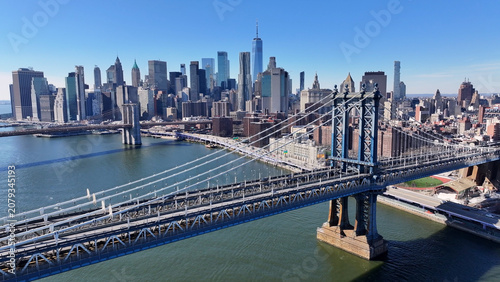 Manhattan Bridge In Manhattan New York United States. Powerful Landscape Of The Vehicles In A Famous Road . Business Sky Downtown Cityscape. Business Downtown Panorama. Manhattan New York.