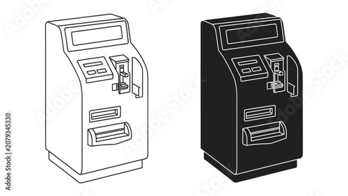 Foto Ticket Machine Illustration: A clear line drawing and silhouette illustration of a ticket dispensing machine, perfect for designs related to transportation, events, or automated services