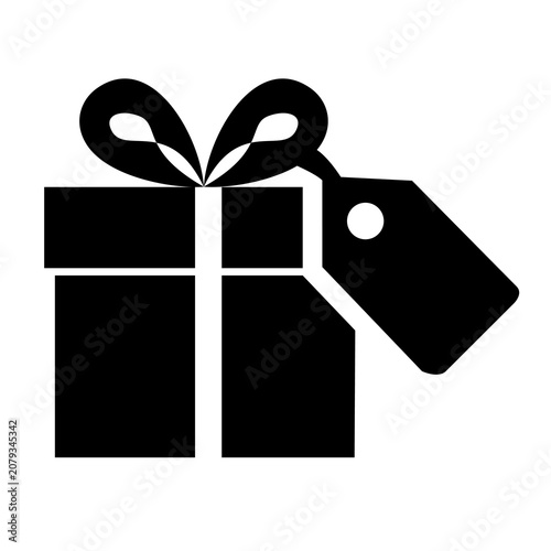Minimal black gift box icon with a price tag, representing shopping, discounts, promotions, special offers, retail sales, online stores, gift vouchers, festive campaigns, branding, and e-commerce desi
