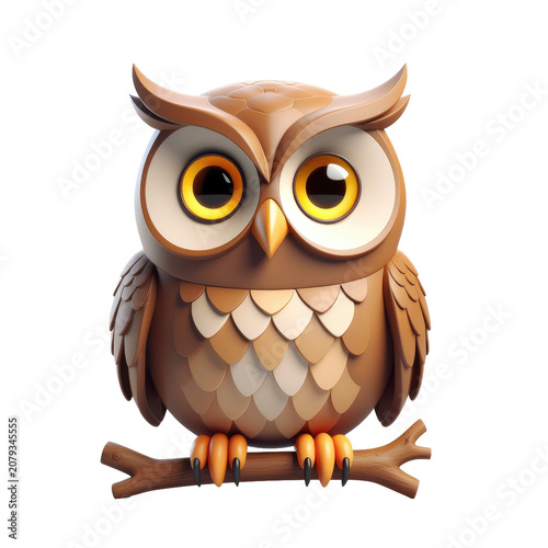 A cute cartoon style brown owl perched on a branch isolated on white.
