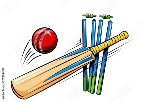 Cricket bat ball wickets action sports equipment game isolated on white background