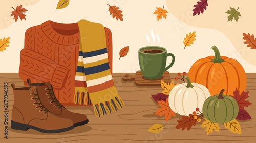Cozy autumn flat lay illustration with warm sweater scarf boots hot drink and pumpkins on wooden background.