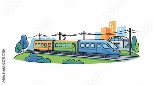 A colorful train travels through a suburban area with buildings and trees