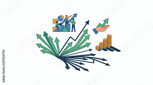 A colorful graphic illustration with people on bar charts rising arrows and coins