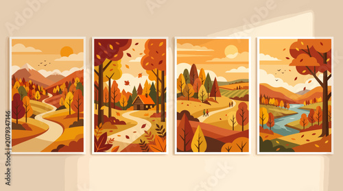 Set of four autumn landscape vector illustrations featuring scenic forest paths rivers and falling leaves.