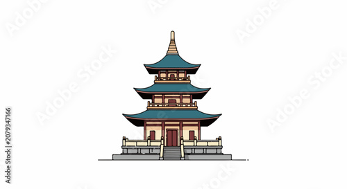 A pixel art representation of a multi-tiered pagoda structure with distinctive green roofs and detailed architectural el