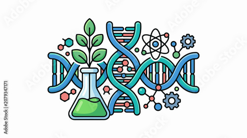 Colorful illustration of DNA and science elements with a plant in a beaker