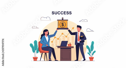 Two professionals celebrating financial success with a money symbol