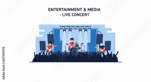 Flat illustration of a live rock concert with musicians on stage and an excited audience