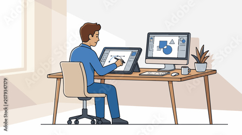 Man working on computer dual monitors.