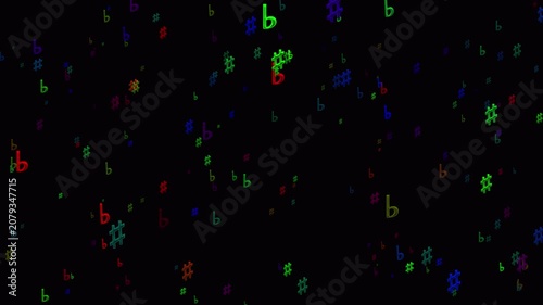 Looping colorful music note particles gently float over a black background with alpha channel, ideal for music themed motion graphics.