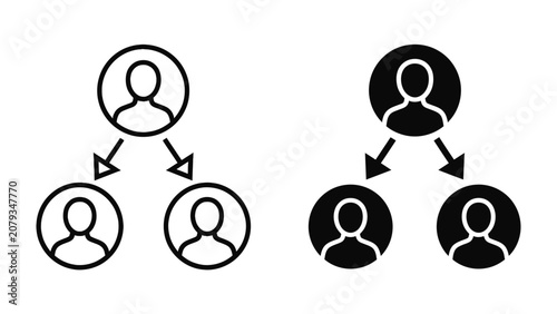 Canvastavla Organizational Structure Icons: Simple black and white line art and silhouette icons depicting a hierarchical organizational structure, showcasing a leader with two subordinates branching out