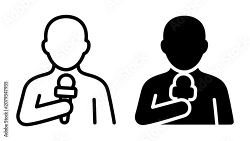 Photos Reporter Icons: Two minimalist icons represent a reporter holding a microphone, one in outline and the other as a solid silhouette, symbolizing communication and journalism