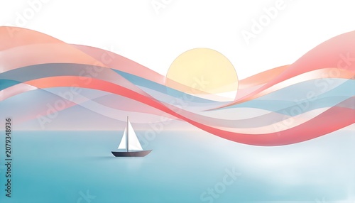 Sailing boat on ocean waves at sunset