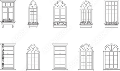 Photos Classic and Gothic Window Frame Vector Set with Flower Boxes