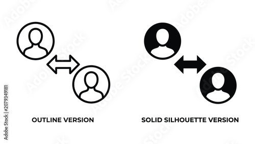 Photos User Interface Icons: Two distinct representations of user profiles, an outline version and a solid silhouette version, with bidirectional arrows indicating connection or interaction