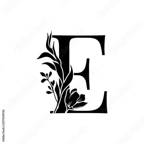 Elegant serif letter E decorated with hand drawn botanical elements, isolated black vector illustration for monogram, branding, wedding stationery and decorative design