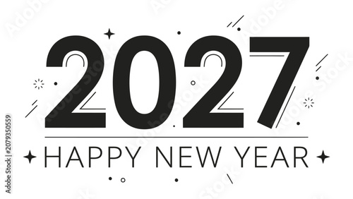 Photos New Year 2027 Celebration: A bold graphic displays the year 2027 with HAPPY NEW YEAR text, adorned with festive abstract shapes and stars, perfect for holiday greetings and event promotion