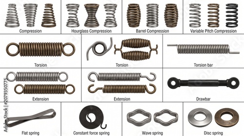 A categorized collection of mechanical springs displayed on white background, including compression, torsion, extension, drawbar, flat, constant force, wave, and disc springs, emphasizing design and f