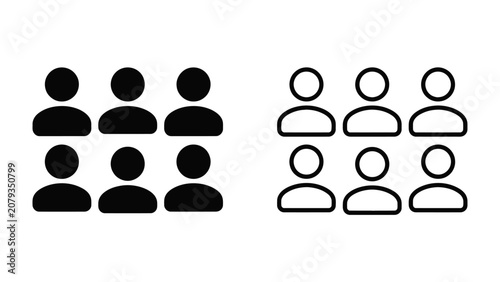 Foto Group of People Iconography: A clear, simple depiction of two sets of six simplified human figures, one in solid black and the other in outline, representing people, population, or groups
