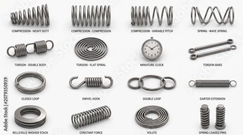 A categorized collection of mechanical springs displayed on white background, including compression, torsion, extension, drawbar, flat, constant force, wave, and disc springs, emphasizing design and f