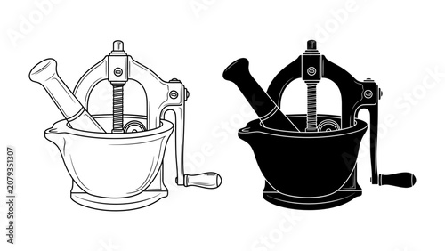 Fotografie Manual Grinder and Mortar: Two antique hand-cranked grinders with mortars, one in line art and the other in silhouette, ready for crushing herbs or spices