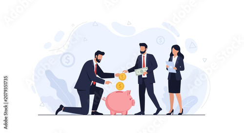 Business team saving money in a piggy bank, representing financial growth and investment strategies.