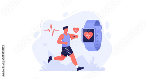 Athlete running with smart watch tracking heart rate and activity