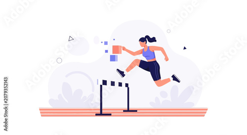 Athletic woman hurdling over obstacle on track, vector illustration representing fitness, achievement, and overcoming challenges