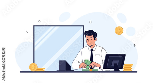 Bank Teller Counting Money at Counter with Computer and Glass Partition