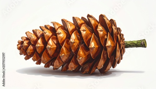 A brown pine cone with overlapping spiral scales and a greenish stem, digitally rendered against a plain background, symbolizing natural geometry, Fibonacci patterns, and conifer seed protection.