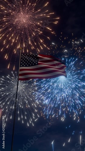 Fireworks behind american flag during independence day party