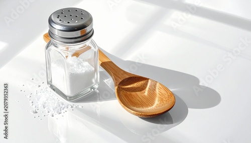 A clear glass salt shaker with metallic lid beside two overlapping wooden spoons on smooth white surface, with scattered salt grains and bright natural light casting soft shadows and reflections.