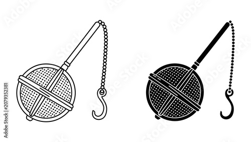 Cuadro en lienzo Tea Infuser Set: A detailed illustration and silhouette of a vintage tea infuser, showcasing its mesh ball design, attached chain, and hook, perfect for culinary and crafting projects