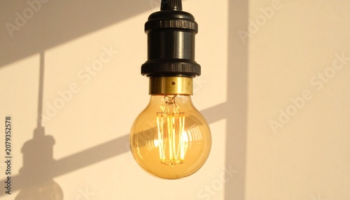 A single hanging pendant light fixture with black ceiling mount, cord, and brass socket holding an exposed Edison bulb, minimalist industrial design glowing warmly against a neutral background.