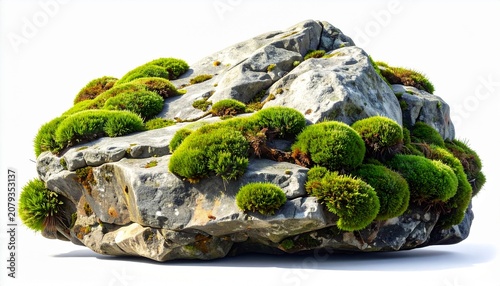 An irregularly shaped rock with rough texture covered in patches of green moss against a plain white background, symbolizing natural growth, weathering, and the interaction of living and non-living su