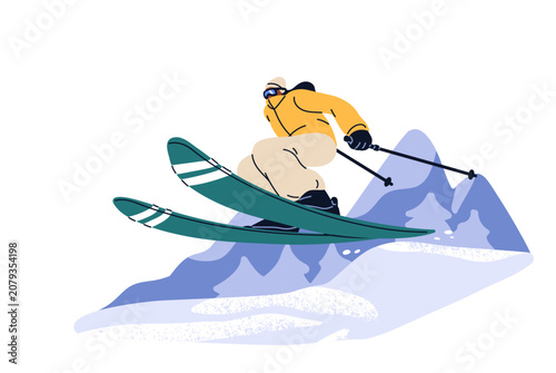 Skier jumping, dynamic action. Freestyle ski ride activity, extreme trick in ...