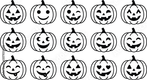 Set of fifteen cute jack o lantern pumpkins with different funny halloween faces in black