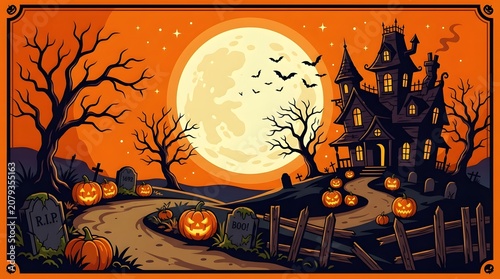Happy halloween spooky night scene with haunted house pumpkins and full moon