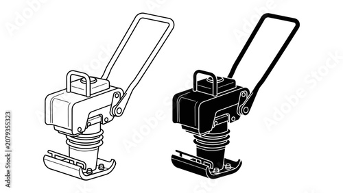 Tableau sur toile Tamping Rammer: Two stylized illustrations of a tamping rammer, one in outline and one in solid black, showcasing the design and function of this compaction tool