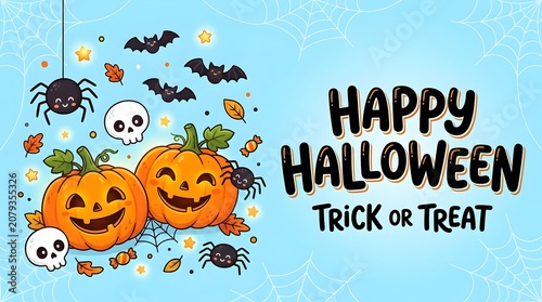Happy halloween trick or treat cartoon pumpkins bats spiders